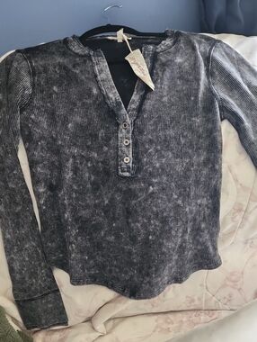 Washed Black Ribbed Henley Long-Sleeve Top